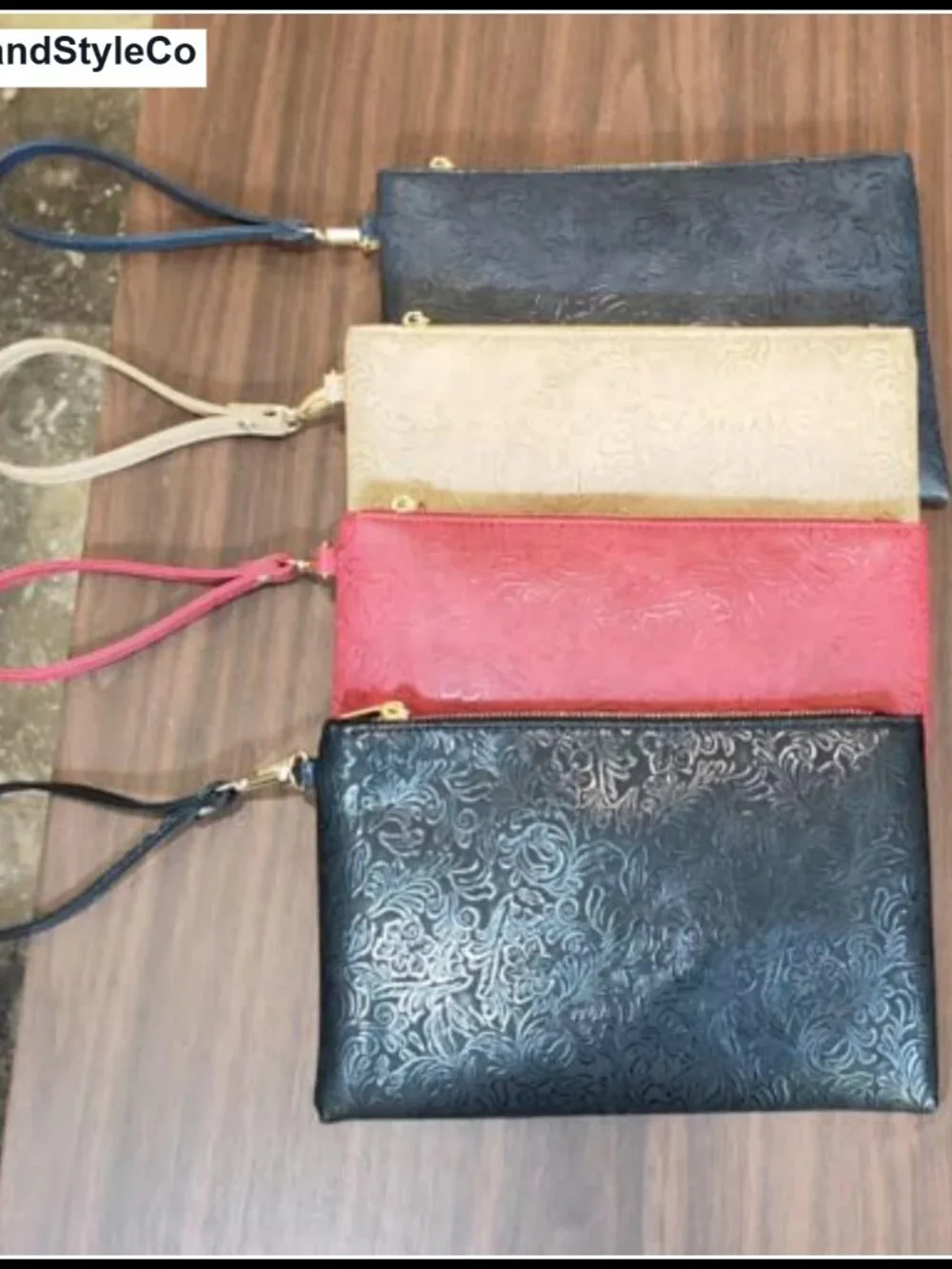 Floral Embossed PU Leather Wristlet Clutch with Detachable Strap, Zipper